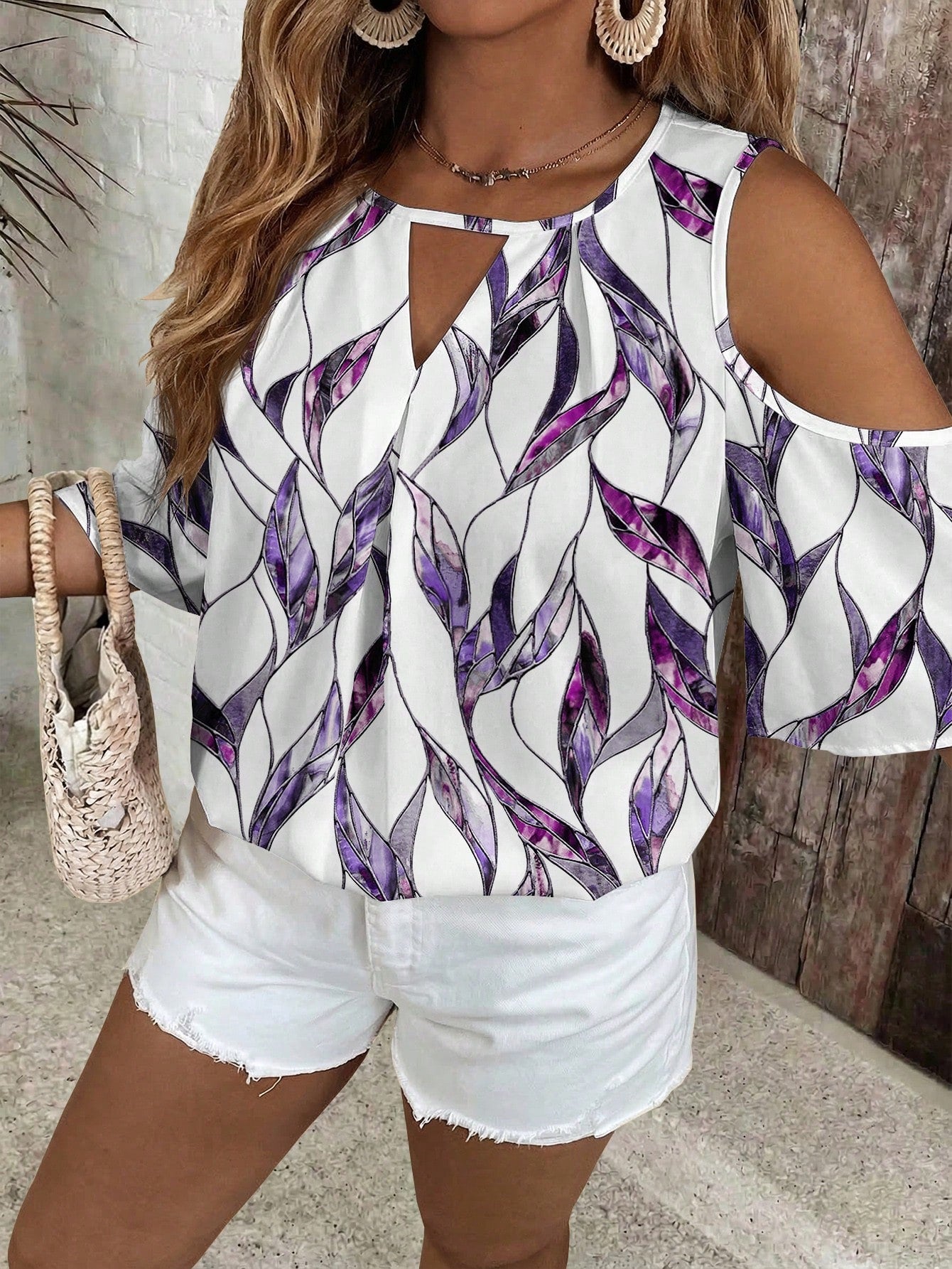 VCAY Plus Size Casual Casual Formal Minimalist All-Over Print Blouse, Suitable For Summer, Blouse For Women Casual Elegant Vacation White Sequin