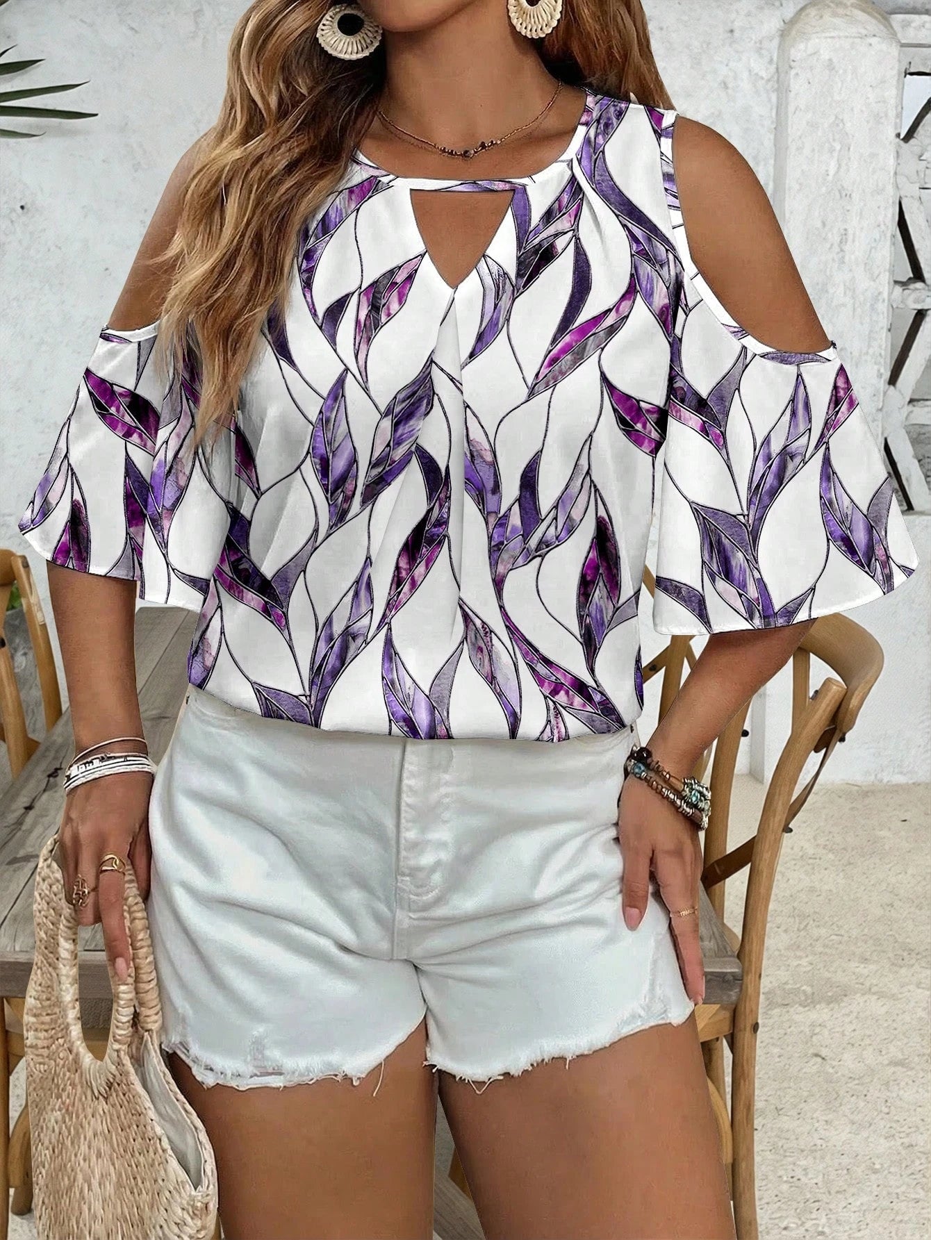 VCAY Plus Size Casual Casual Formal Minimalist All-Over Print Blouse, Suitable For Summer, Blouse For Women Casual Elegant Vacation White Sequin
