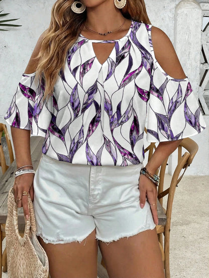 VCAY Plus Size Casual Casual Formal Minimalist All-Over Print Blouse, Suitable For Summer, Blouse For Women Casual Elegant Vacation White Sequin