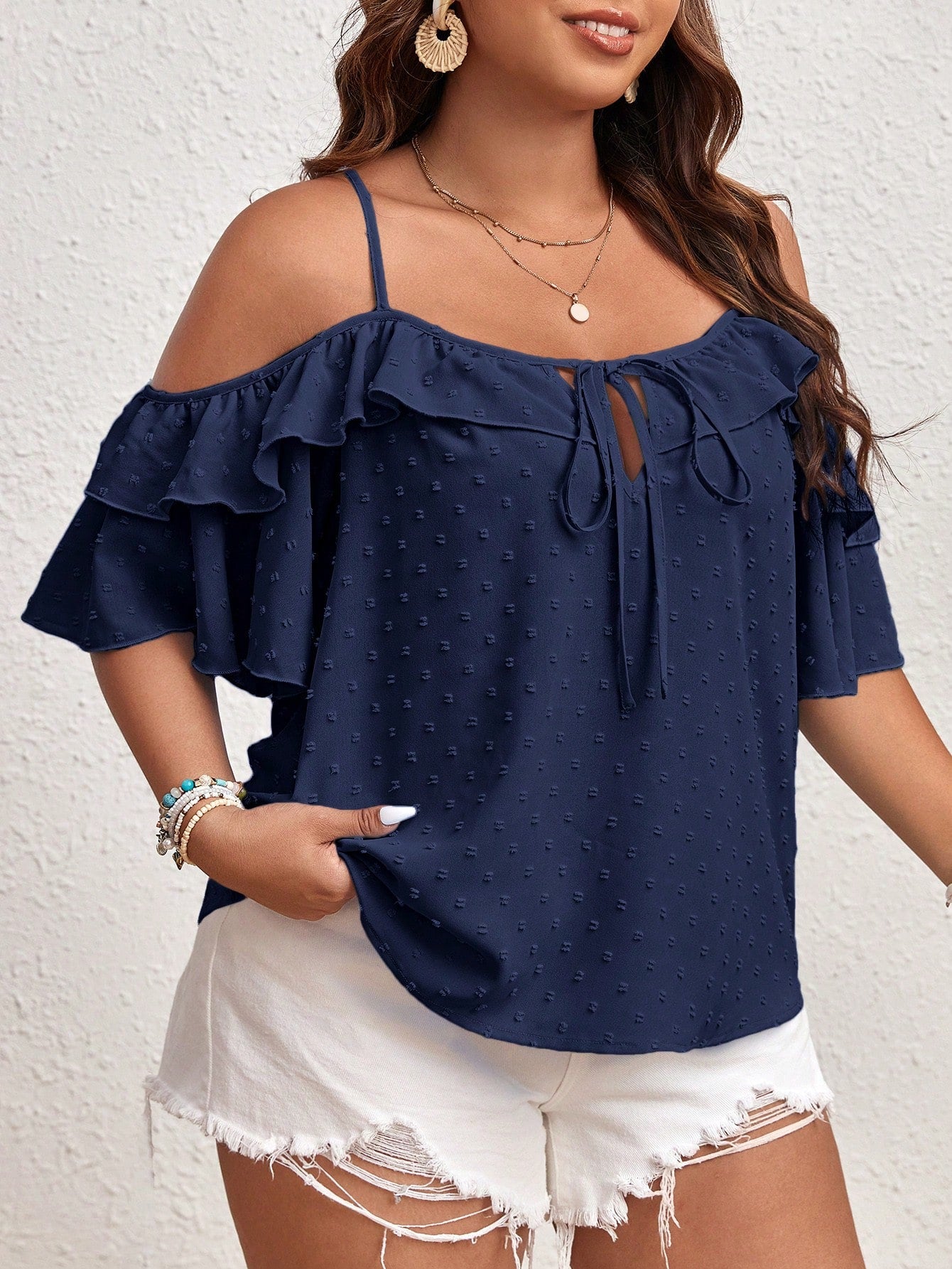 VCAY Plus Size Women Fashionable Ruffle Trim Off-Shoulder Tank Top