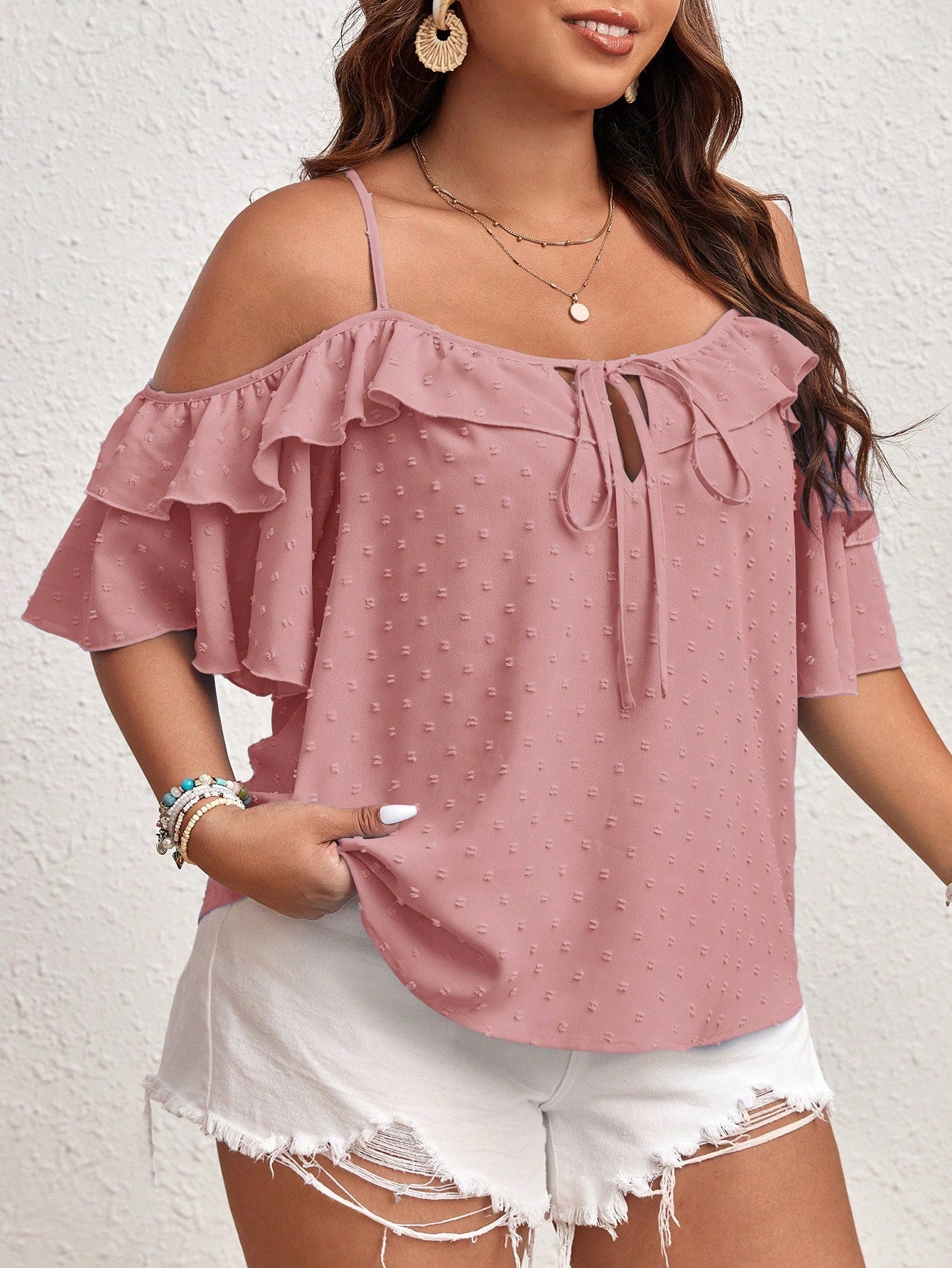 VCAY Plus Size Women Fashionable Ruffle Trim Off-Shoulder Tank Top