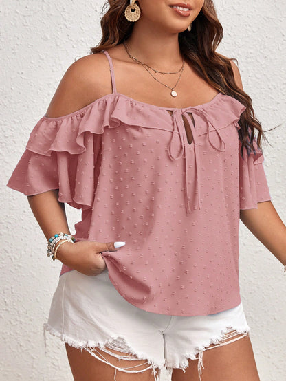 VCAY Plus Size Women Fashionable Ruffle Trim Off-Shoulder Tank Top