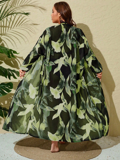 VCAY Plus Size Women's Random Print Long Sleeve Loose Cardigan For Summer Beach Vacation