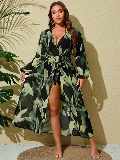 VCAY Plus Size Women's Random Print Long Sleeve Loose Cardigan For Summer Beach Vacation