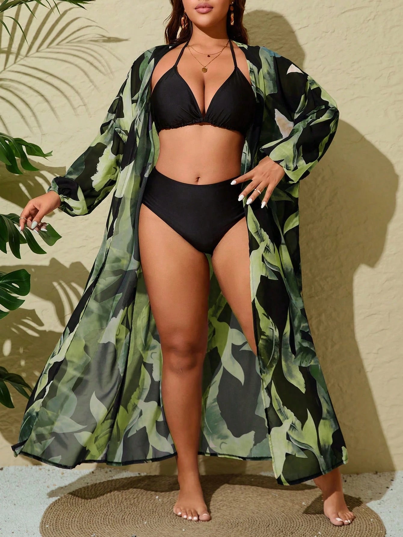 VCAY Plus Size Women's Random Print Long Sleeve Loose Cardigan For Summer Beach Vacation