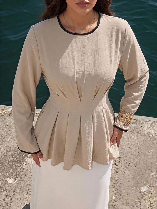 Veilorie Women's Solid Color Round Neck Contrast Trim Cinched Waist Ruched Slimming Asymmetrical Hem Long Sleeve Top