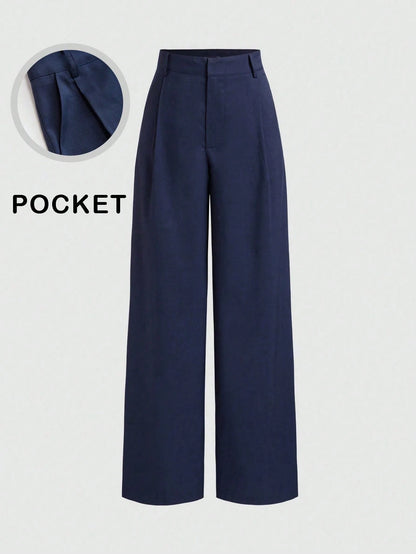 Vela Rue Minimalist Design Thin Slightly Sheer Navy Blue Solid Color Suit Pants With Zipper And Hook Closure Wide Leg Slimming All-Season Fashion Trousers