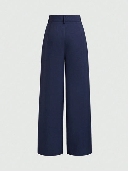 Vela Rue Minimalist Design Thin Slightly Sheer Navy Blue Solid Color Suit Pants With Zipper And Hook Closure Wide Leg Slimming All-Season Fashion Trousers