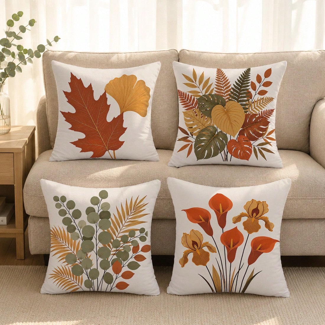 Vintage Autumn Botanical Floral Cushion Cover 4-Piece Set, Single-Sided Printed Peach Skin Velvet Polyester Material, 45*45CM/18*18inch Pillow Covers Suitable For Room Decor, Modern Minimalist Sofa Li