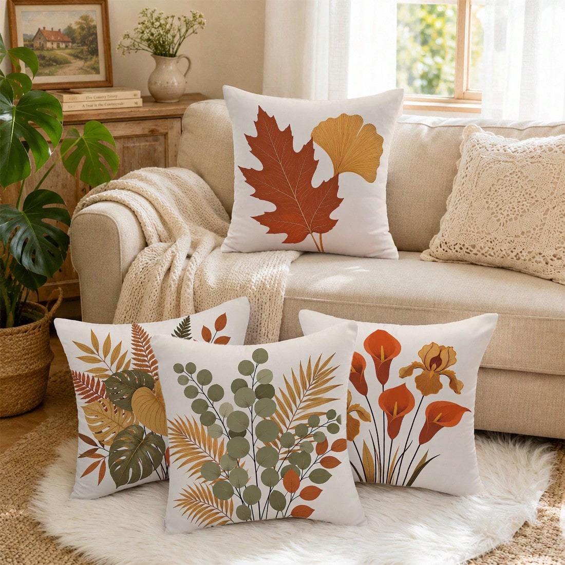 Vintage Autumn Botanical Floral Cushion Cover 4-Piece Set, Single-Sided Printed Peach Skin Velvet Polyester Material, 45*45CM/18*18inch Pillow Covers Suitable For Room Decor, Modern Minimalist Sofa Li