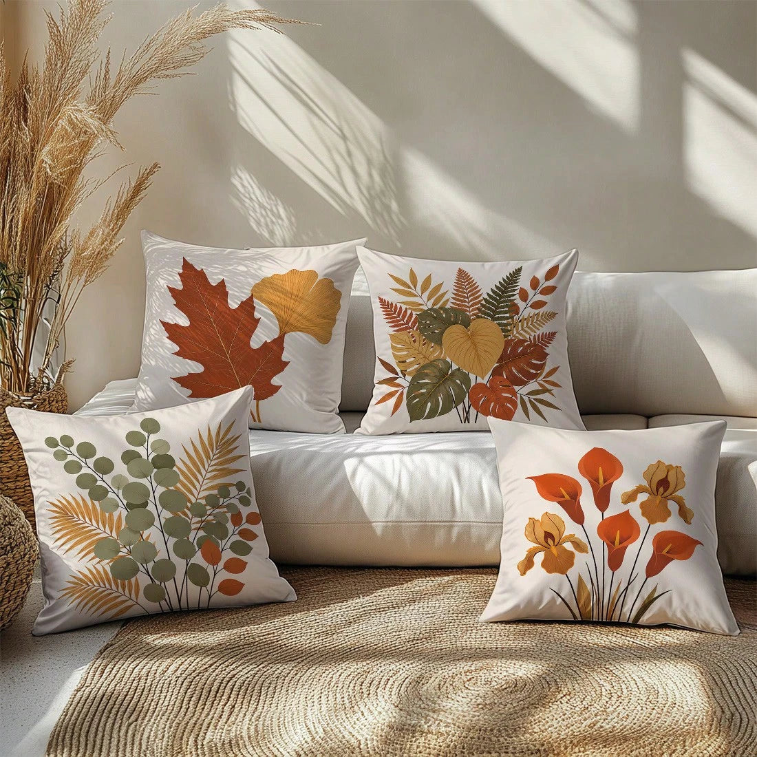 Vintage Autumn Botanical Floral Cushion Cover 4-Piece Set, Single-Sided Printed Peach Skin Velvet Polyester Material, 45*45CM/18*18inch Pillow Covers Suitable For Room Decor, Modern Minimalist Sofa Li