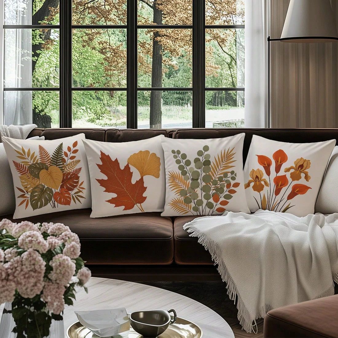 Vintage Autumn Botanical Floral Cushion Cover 4-Piece Set, Single-Sided Printed Peach Skin Velvet Polyester Material, 45*45CM/18*18inch Pillow Covers Suitable For Room Decor, Modern Minimalist Sofa Li