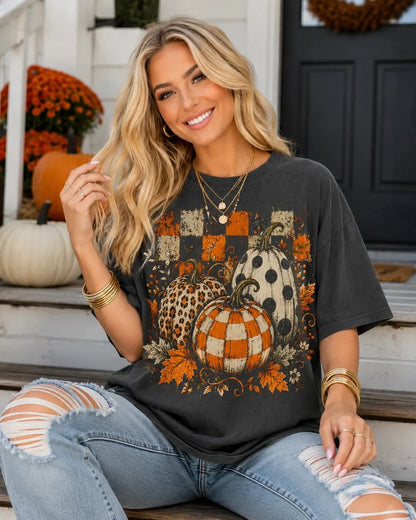 Vintage Leopard Checkered Pumpkin T Shirt Retro Fall Halloween Tee Autumn Harvest Spooky Season Women Oversized Graphic T-Shirt