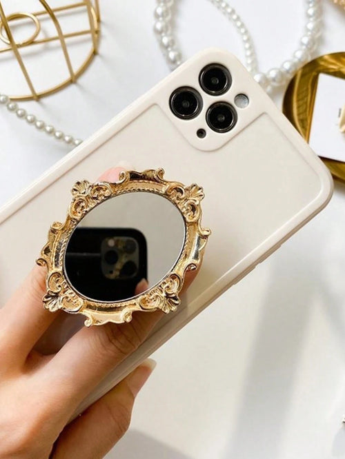 Vintage Pattern Mirror Creative Phone Air Cushion Stand, Adhesive Foldable Slouchy Desktop Round Mirror Stand, Perfect Phone Gift, Halloween Gift, Christmas Gift, Suitable For IPhone, Android Phones