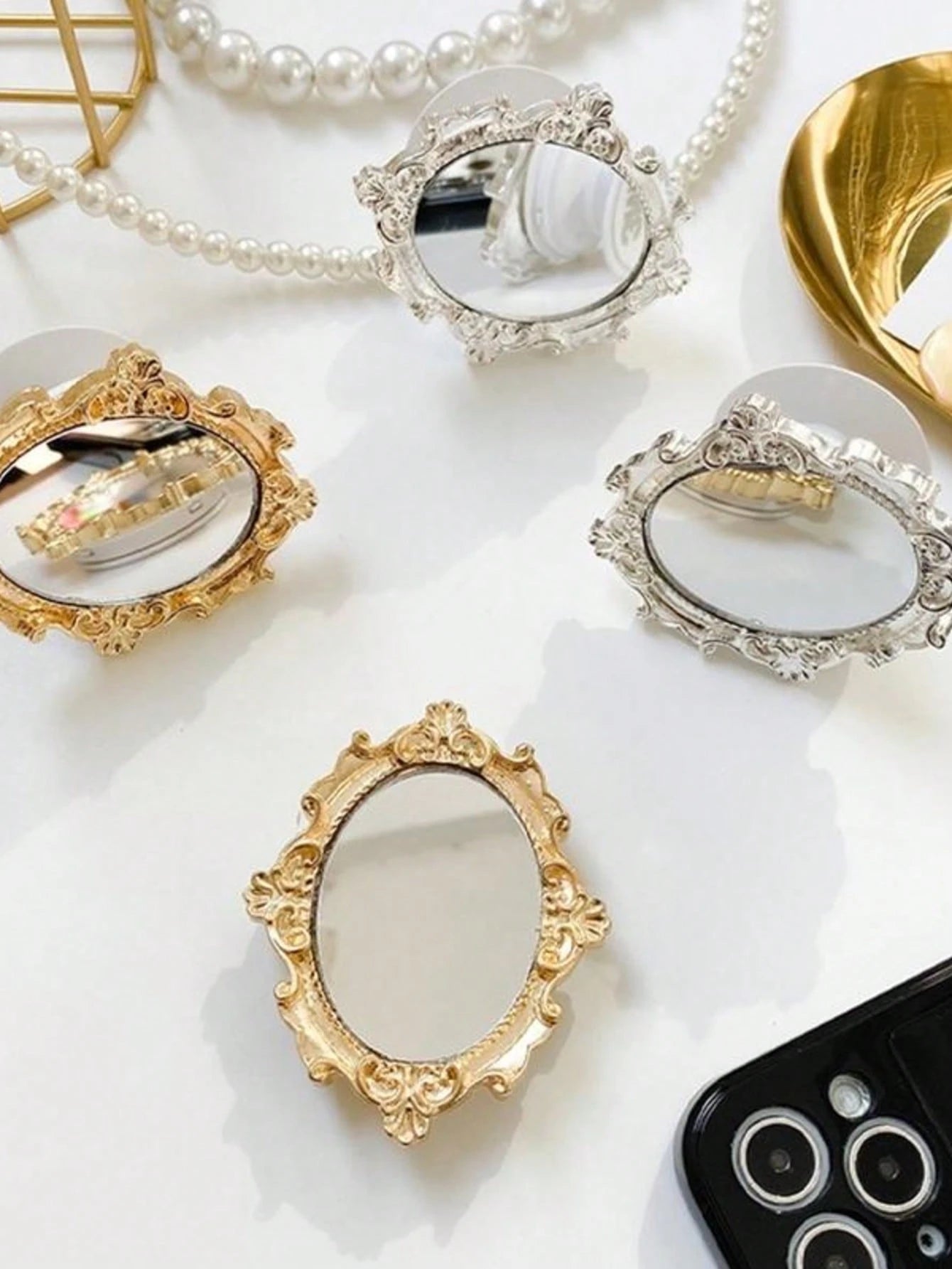 Vintage Pattern Mirror Creative Phone Air Cushion Stand, Adhesive Foldable Slouchy Desktop Round Mirror Stand, Perfect Phone Gift, Halloween Gift, Christmas Gift, Suitable For IPhone, Android Phones