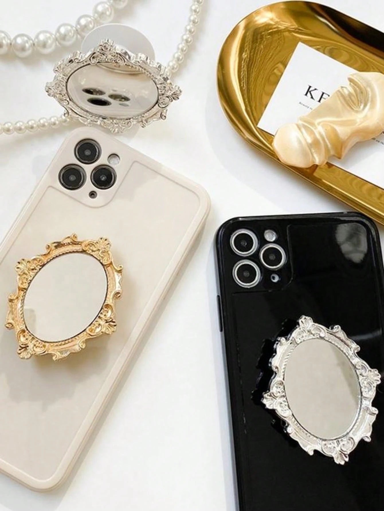Vintage Pattern Mirror Creative Phone Air Cushion Stand, Adhesive Foldable Slouchy Desktop Round Mirror Stand, Perfect Phone Gift, Halloween Gift, Christmas Gift, Suitable For IPhone, Android Phones