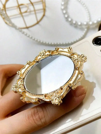 Vintage Pattern Mirror Creative Phone Air Cushion Stand, Adhesive Foldable Slouchy Desktop Round Mirror Stand, Perfect Phone Gift, Halloween Gift, Christmas Gift, Suitable For IPhone, Android Phones