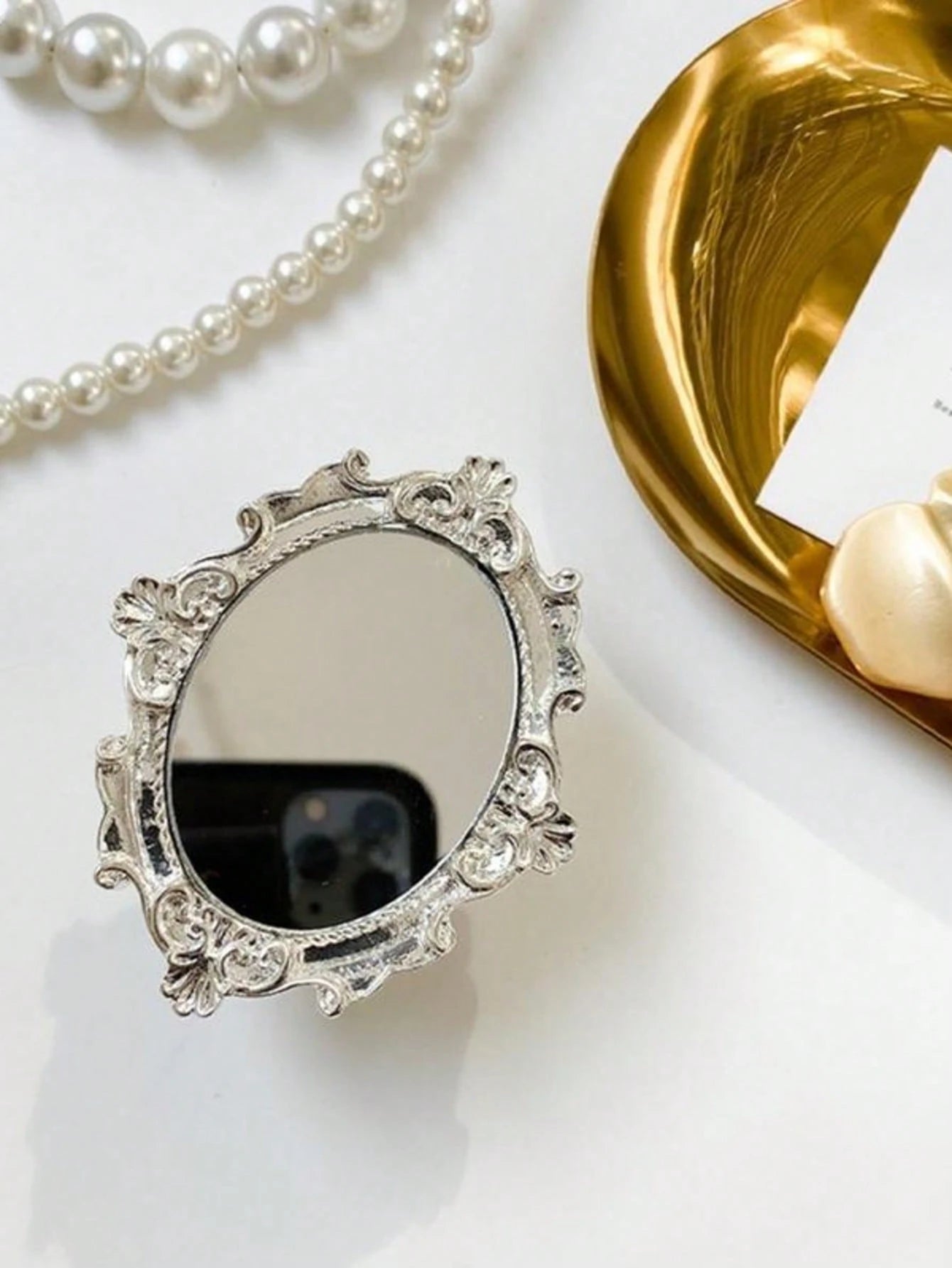 Vintage Pattern Mirror Creative Phone Air Cushion Stand, Adhesive Foldable Slouchy Desktop Round Mirror Stand, Perfect Phone Gift, Halloween Gift, Christmas Gift, Suitable For IPhone, Android Phones