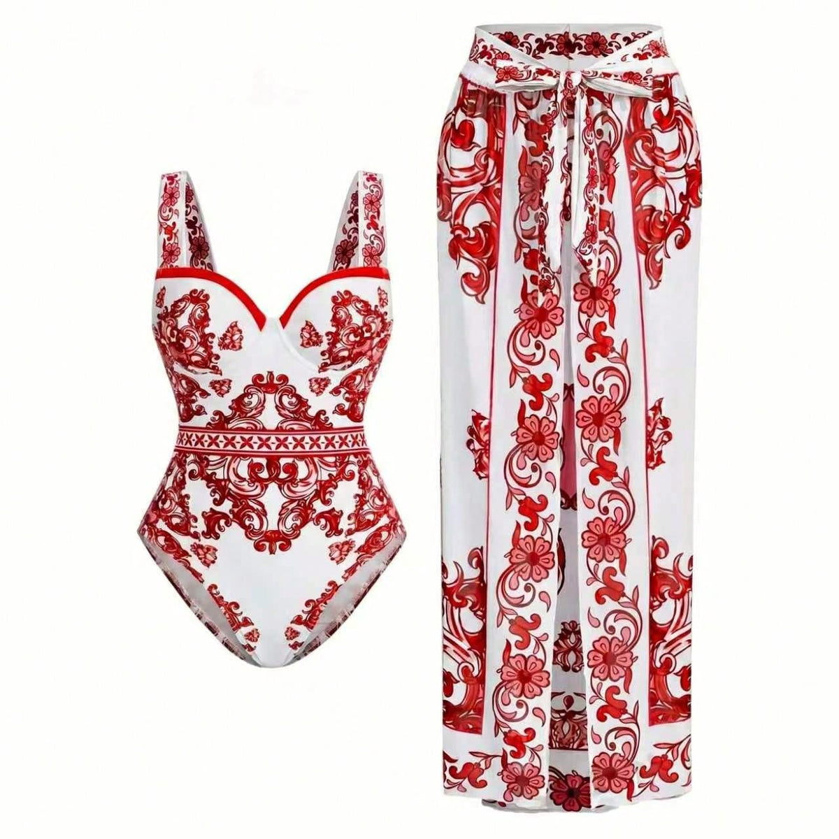 Vintage Red Floral Print 2pcs Swimsuit Set, Women Underwire Tummy Control Bathing Suit With Tie Wrap Split Beach Cover Up Pants Vacation Outfit