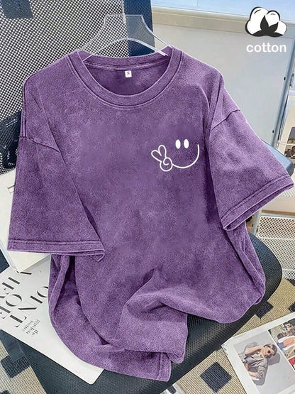 Vintage Washed Cotton Loose-Fit T-Hirt, Cute Face And Heart Print, Women's Casual Treet Tyle Hort-Leeve Top, Wrinkle-Resistant Washed Cotton T-Shir