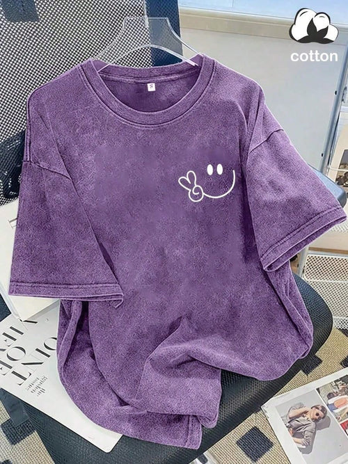 Vintage Washed Cotton Loose-Fit T-Hirt, Cute Face And Heart Print, Women's Casual Treet Tyle Hort-Leeve Top, Wrinkle-Resistant Washed Cotton T-Shir