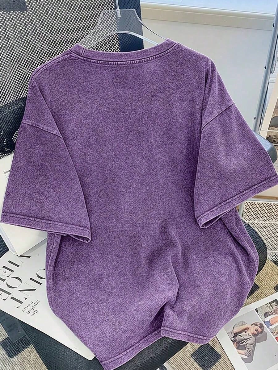 Vintage Washed Cotton Loose-Fit T-Hirt, Cute Face And Heart Print, Women's Casual Treet Tyle Hort-Leeve Top, Wrinkle-Resistant Washed Cotton T-Shir