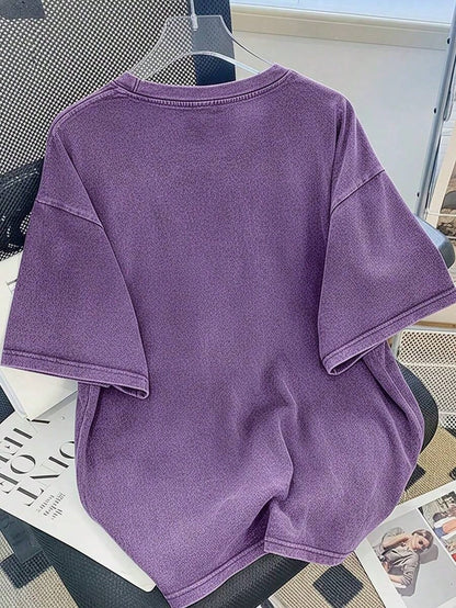 Vintage Washed Cotton Loose-Fit T-Hirt, Cute Face And Heart Print, Women's Casual Treet Tyle Hort-Leeve Top, Wrinkle-Resistant Washed Cotton T-Shir