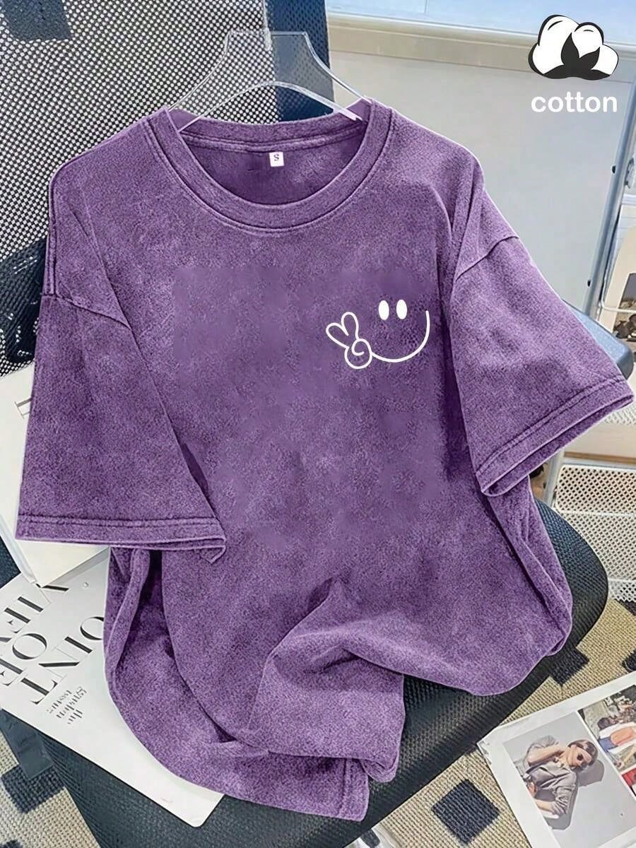 Vintage Washed Cotton Loose-Fit T-Hirt, Cute Face And Heart Print, Women's Casual Treet Tyle Hort-Leeve Top, Wrinkle-Resistant Washed Cotton T-Shir