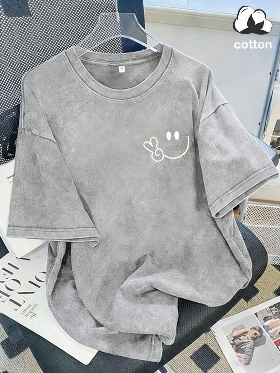Vintage Washed Cotton Loose-Fit T-Hirt, Cute Face And Heart Print, Women's Casual Treet Tyle Hort-Leeve Top, Wrinkle-Resistant Washed Cotton T-Shir