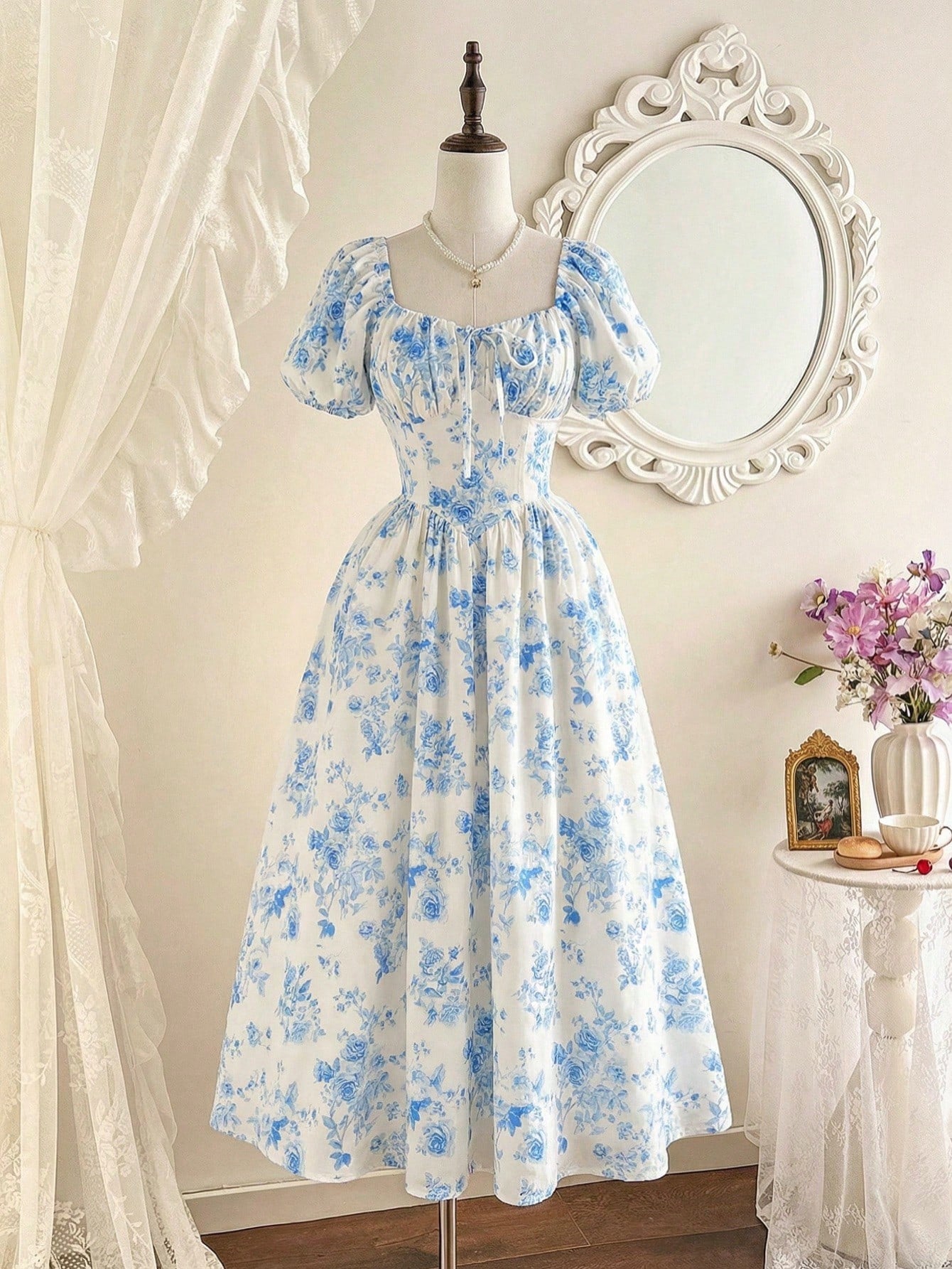 Vintamour Vintage Matching Elegant Women's Dress With Pockets Headband White And Blue Floral Summer Modest Picnic Rose Print Bow Tie Wedding Guest Vacation