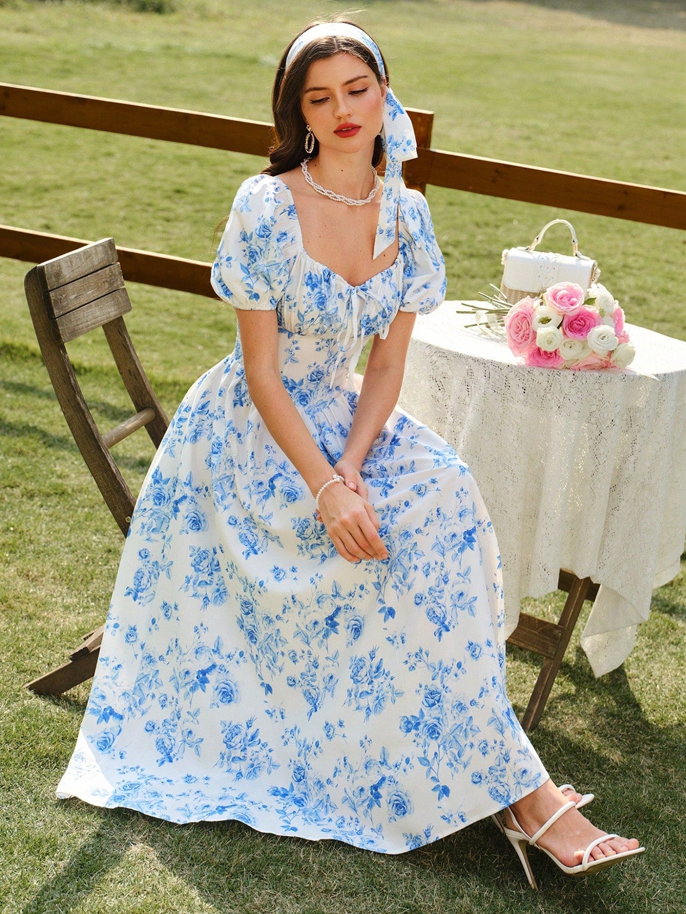 Vintamour Vintage Matching Elegant Women's Dress With Pockets Headband White And Blue Floral Summer Modest Picnic Rose Print Bow Tie Wedding Guest Vacation