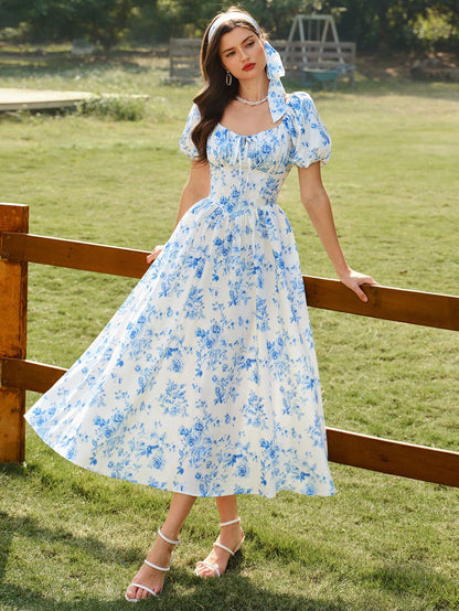 Vintamour Vintage Matching Elegant Women's Dress With Pockets Headband White And Blue Floral Summer Modest Picnic Rose Print Bow Tie Wedding Guest Vacation