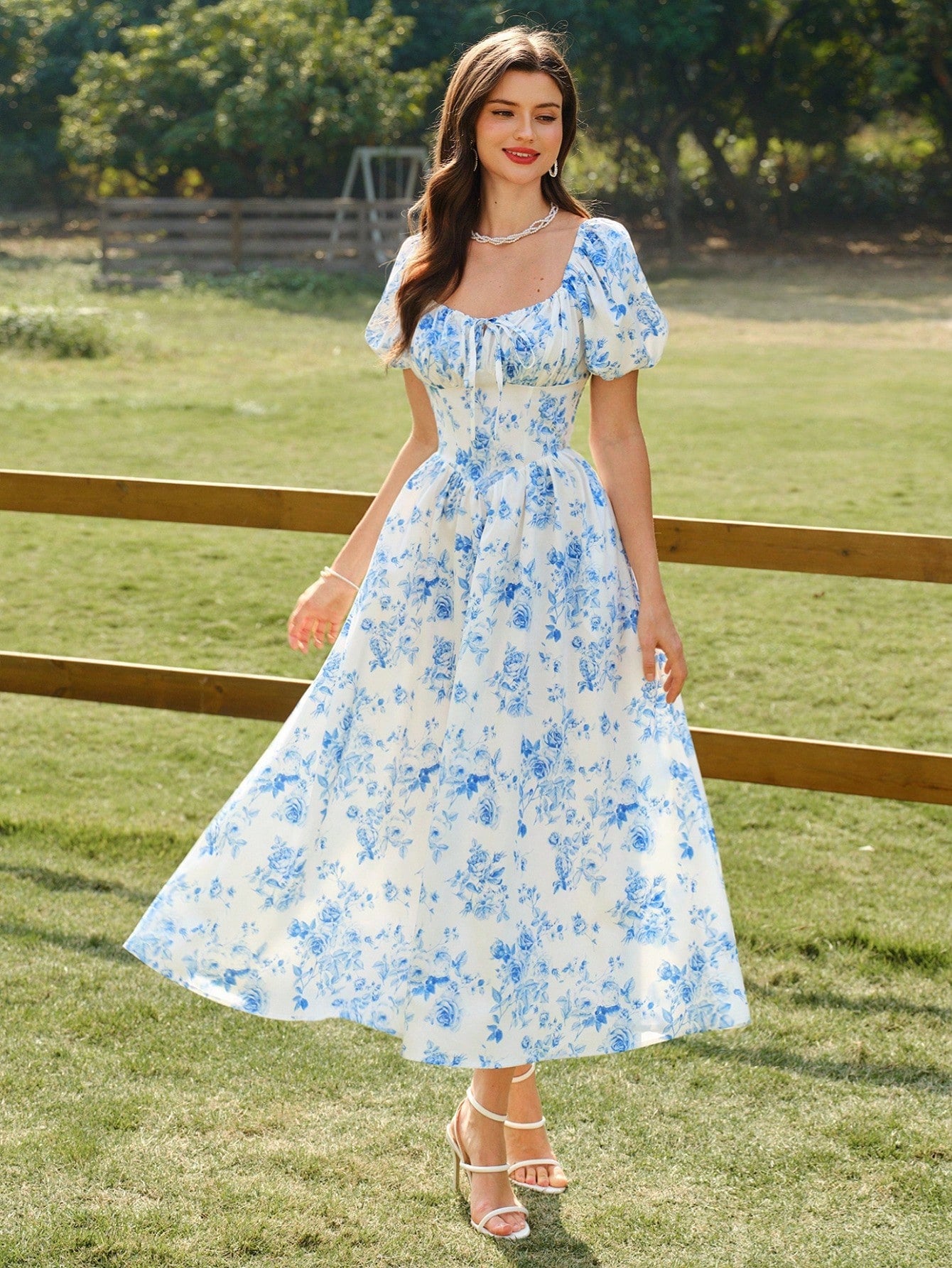Vintamour Vintage Matching Elegant Women's Dress With Pockets Headband White And Blue Floral Summer Modest Picnic Rose Print Bow Tie Wedding Guest Vacation