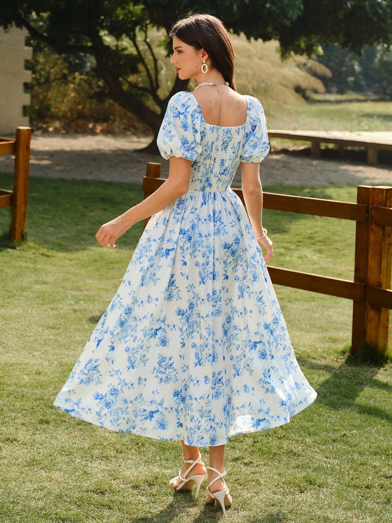 Vintamour Vintage Matching Elegant Women's Dress With Pockets Headband White And Blue Floral Summer Modest Picnic Rose Print Bow Tie Wedding Guest Vacation