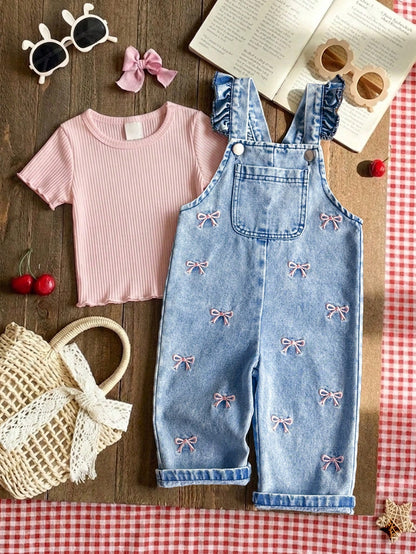 Vintaside Kids 1pc Baby Girl Blue Denim Casual Cute Embroidered Bow Strap Jumpsuit  Suitable For Outings And Vacations  Bib Pants  Summer Romper  Versatile Piece