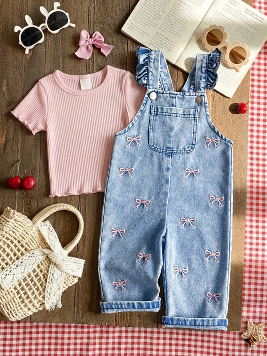 Vintaside Kids 1pc Baby Girl Blue Denim Casual Cute Embroidered Bow Strap Jumpsuit  Suitable For Outings And Vacations  Bib Pants  Summer Romper  Versatile Piece