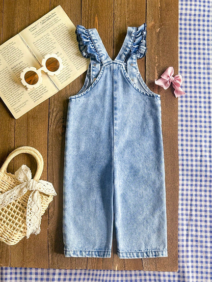 Vintaside Kids 1pc Baby Girl Blue Denim Casual Cute Embroidered Bow Strap Jumpsuit  Suitable For Outings And Vacations  Bib Pants  Summer Romper  Versatile Piece