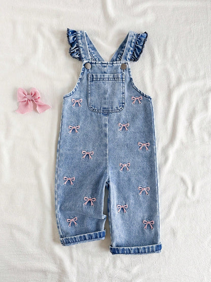 Vintaside Kids 1pc Baby Girl Blue Denim Casual Cute Embroidered Bow Strap Jumpsuit  Suitable For Outings And Vacations  Bib Pants  Summer Romper  Versatile Piece