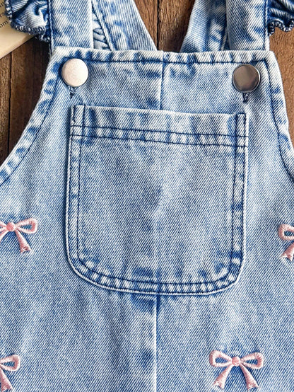 Vintaside Kids 1pc Baby Girl Blue Denim Casual Cute Embroidered Bow Strap Jumpsuit  Suitable For Outings And Vacations  Bib Pants  Summer Romper  Versatile Piece