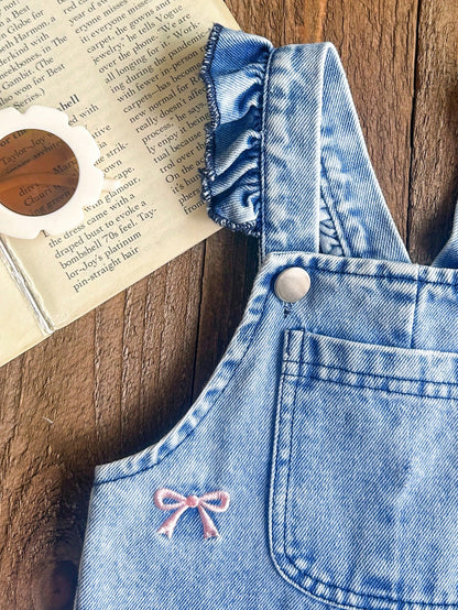 Vintaside Kids 1pc Baby Girl Blue Denim Casual Cute Embroidered Bow Strap Jumpsuit  Suitable For Outings And Vacations  Bib Pants  Summer Romper  Versatile Piece