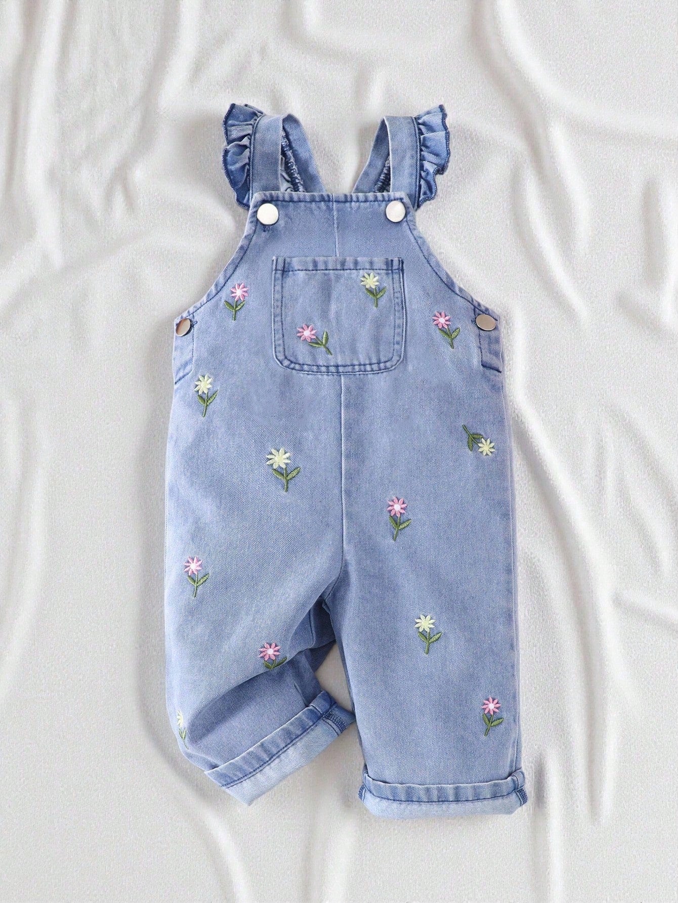 Vintaside Kids 1pc Baby Girl Blue Denim Casual Cute Embroidered Bow Strap Jumpsuit  Suitable For Outings And Vacations  Bib Pants  Summer Romper  Versatile Piece