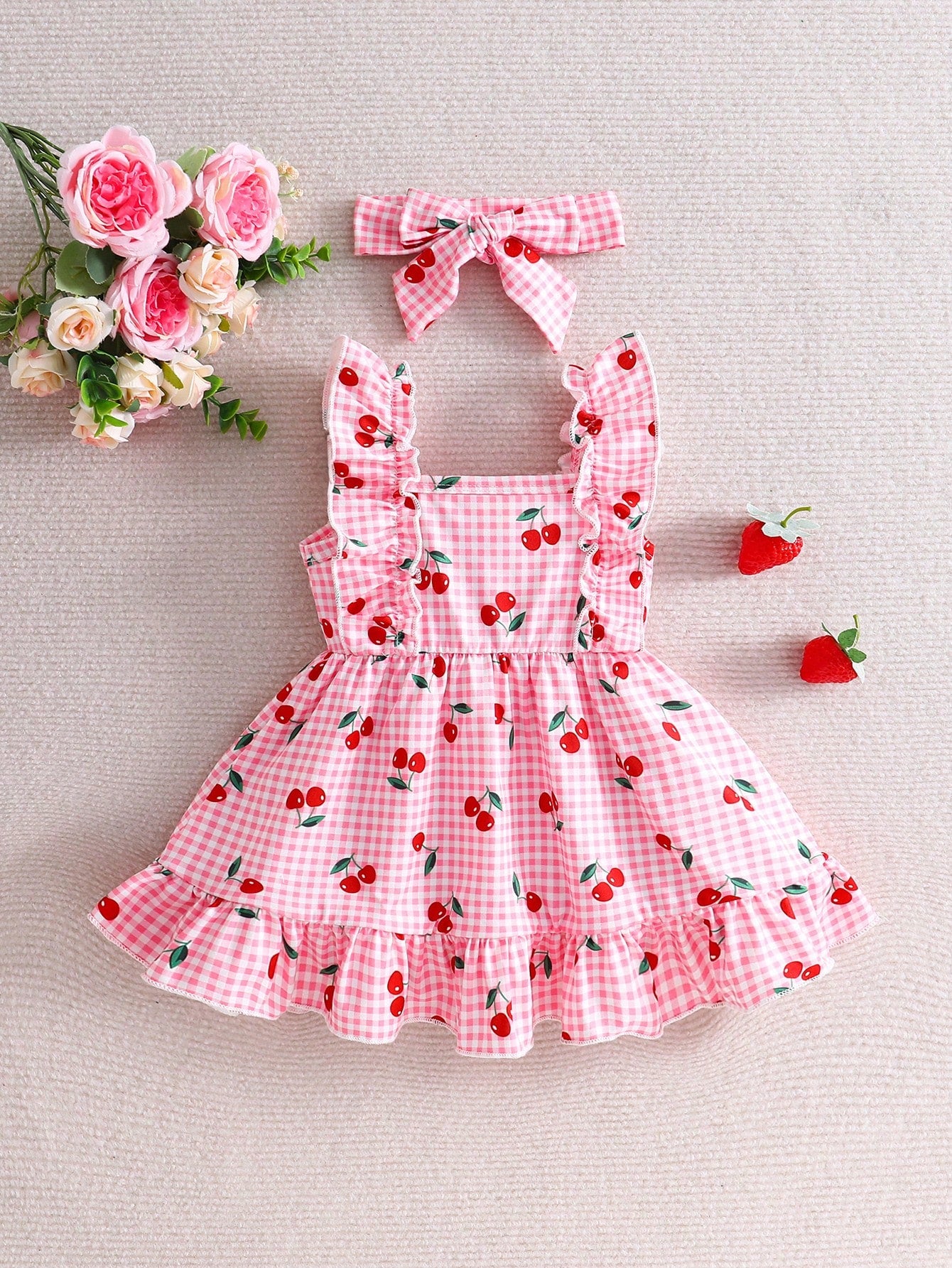 Vintaside Kids 2pcs Newborn Baby Girl Pink Gingham Cherry Print Dress With Cute Bow Headband,Soft Skin-Friendly Ruffled Summer Clothes,Red And White Polka Dot,Cute