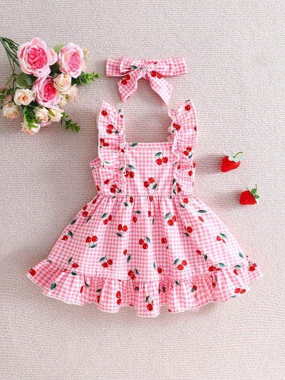 Vintaside Kids 2pcs Newborn Baby Girl Pink Gingham Cherry Print Dress With Cute Bow Headband,Soft Skin-Friendly Ruffled Summer Clothes,Red And White Polka Dot,Cute