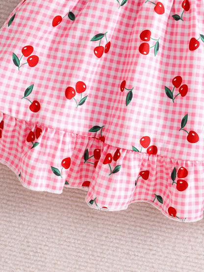 Vintaside Kids 2pcs Newborn Baby Girl Pink Gingham Cherry Print Dress With Cute Bow Headband,Soft Skin-Friendly Ruffled Summer Clothes,Red And White Polka Dot,Cute