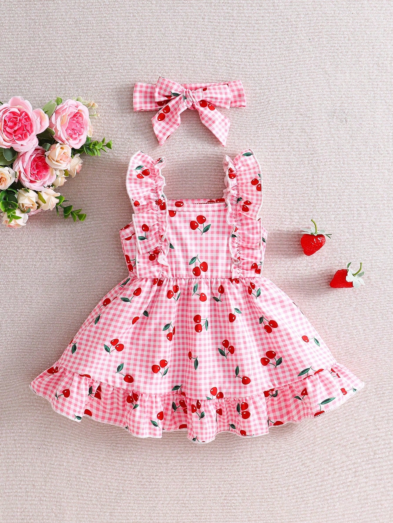 Vintaside Kids 2pcs Newborn Baby Girl Pink Gingham Cherry Print Dress With Cute Bow Headband,Soft Skin-Friendly Ruffled Summer Clothes,Red And White Polka Dot,Cute