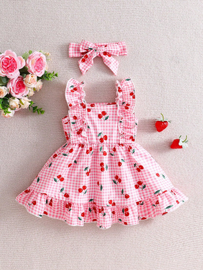 Vintaside Kids 2pcs Newborn Baby Girl Pink Gingham Cherry Print Dress With Cute Bow Headband,Soft Skin-Friendly Ruffled Summer Clothes,Red And White Polka Dot,Cute