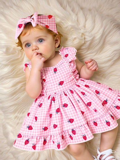 Vintaside Kids 2pcs Newborn Baby Girl Pink Gingham Cherry Print Dress With Cute Bow Headband,Soft Skin-Friendly Ruffled Summer Clothes,Red And White Polka Dot,Cute