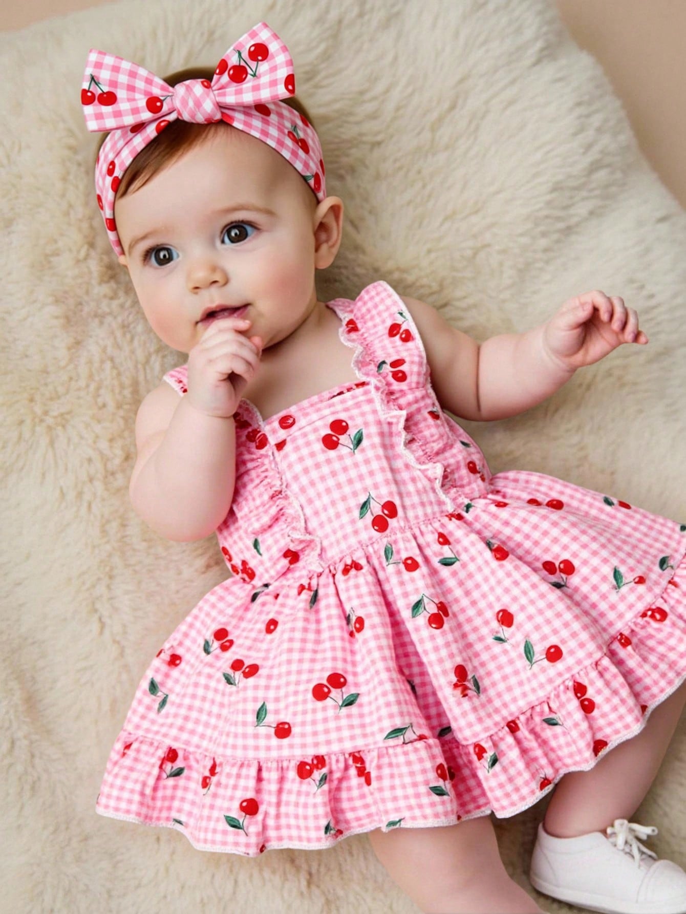 Vintaside Kids 2pcs Newborn Baby Girl Pink Gingham Cherry Print Dress With Cute Bow Headband,Soft Skin-Friendly Ruffled Summer Clothes,Red And White Polka Dot,Cute
