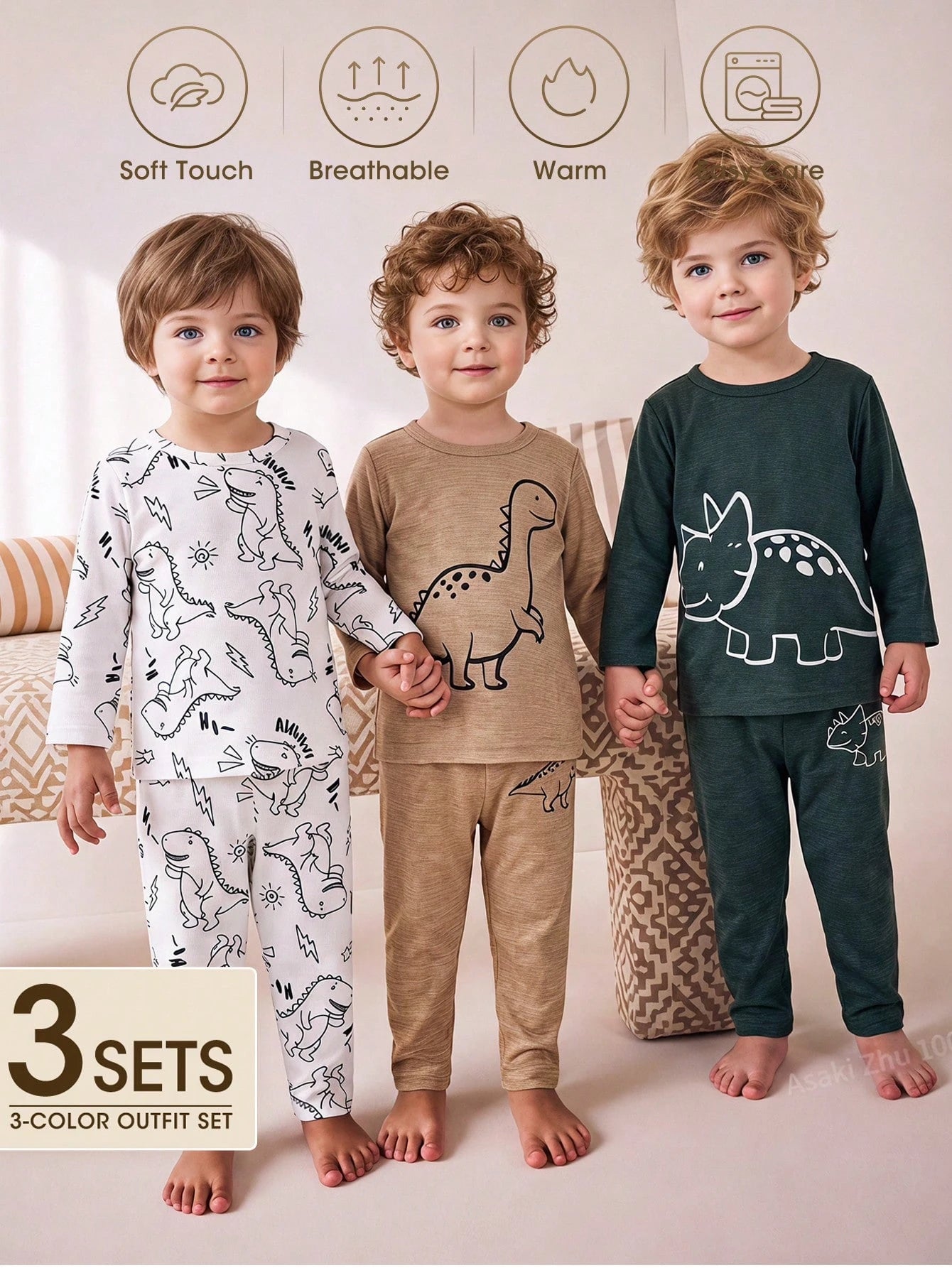 Vintaside Kids 3 Sets Baby Boy Spring/Autumn Multi-Color Beige Khaki Dark Green Minimalist Playful Cartoon Dinosaur All-Over Print & Single Print Crew Neck Long Sleeve Top With Matching Pattern