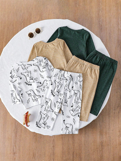 Vintaside Kids 3 Sets Baby Boy Spring/Autumn Multi-Color Beige Khaki Dark Green Minimalist Playful Cartoon Dinosaur All-Over Print & Single Print Crew Neck Long Sleeve Top With Matching Pattern